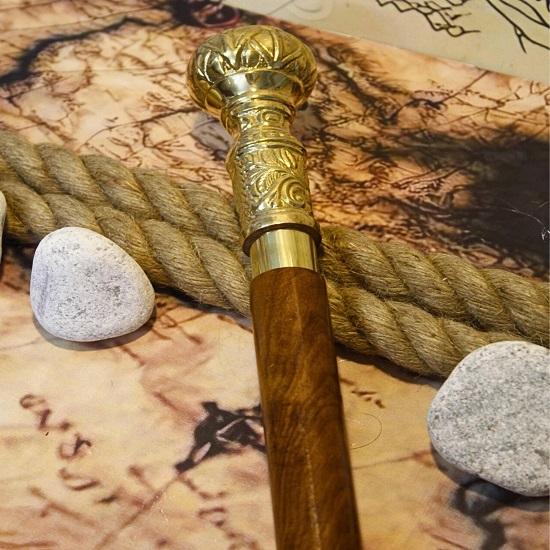 Luxury Wooden Walking Stick with Brass Handle Hand-Carved Cane for Walking Support Functional Gift for Men Collectors
