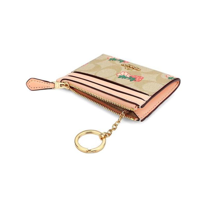 COACH card holder Skinny Id Case 11 classic old flower all over printed strawberry print zipper closure coated canvas and leather ID coin purse