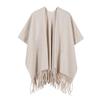 Solid Beige Tassel Hem Open Front Poncho Cape Soft Faux Cashmere Wrap Shawl for Women