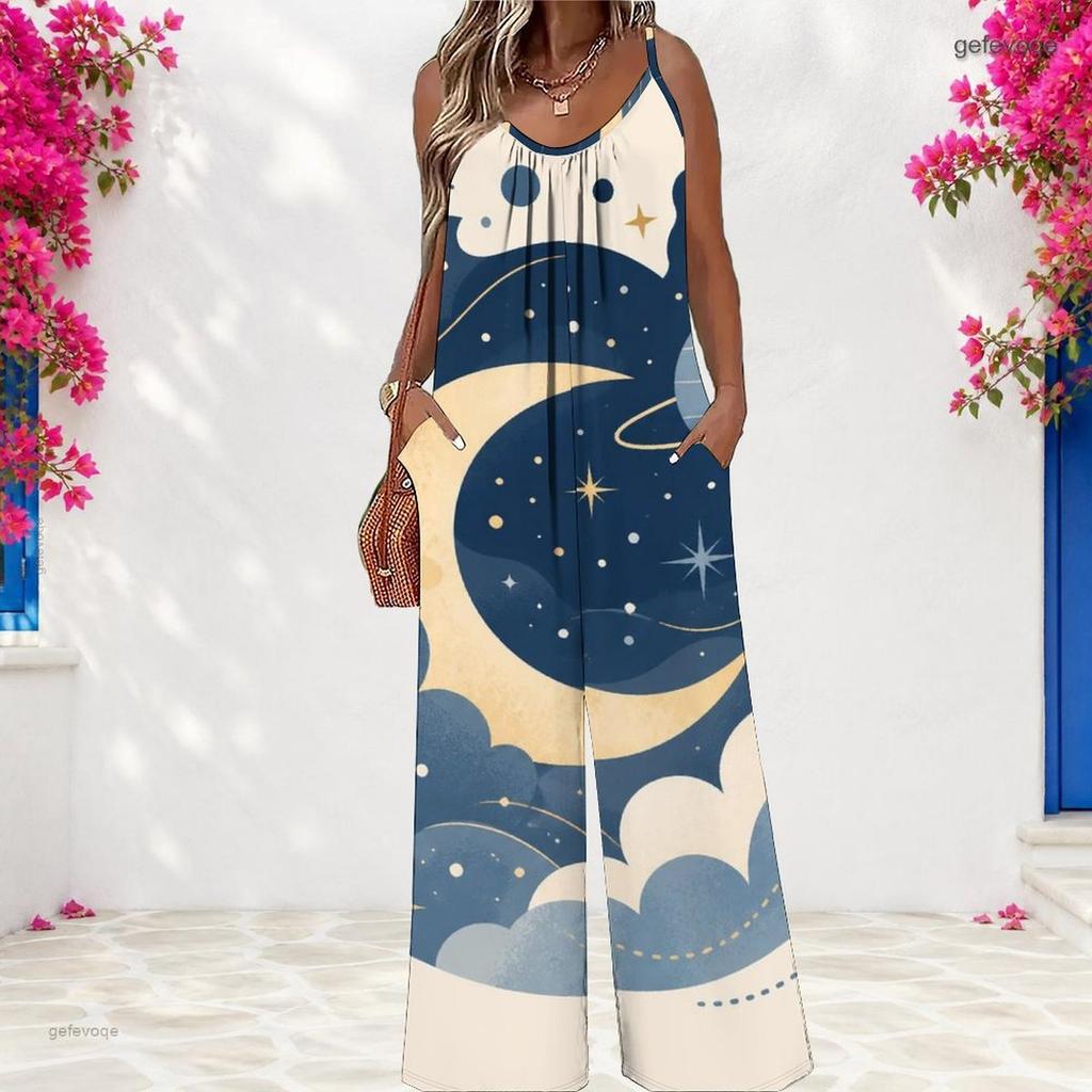 Women Spaghetti Strap Jumpsuit Cartoon Night Moon Cloud Star Print Wide Leg Pants With Pockets