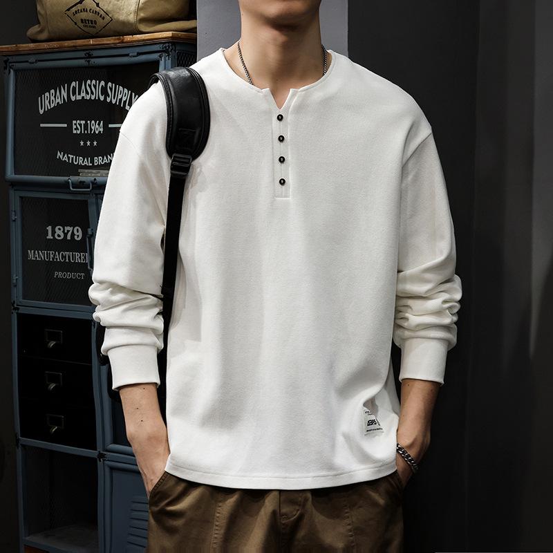 2025 Herren Weiß Baumwolle Henley-Kragen Hoodie Langarm T-Shirt, Amerikanischer Stil
