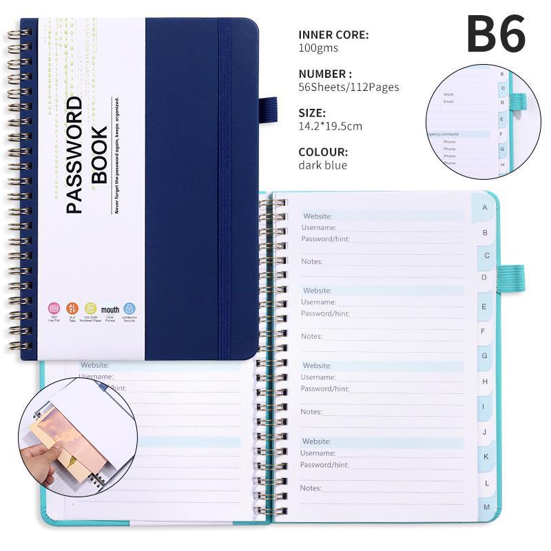 Password Record Notebook with Letter Labels, Faux Leather Index Pages, Pen Holder, and Binding Strap