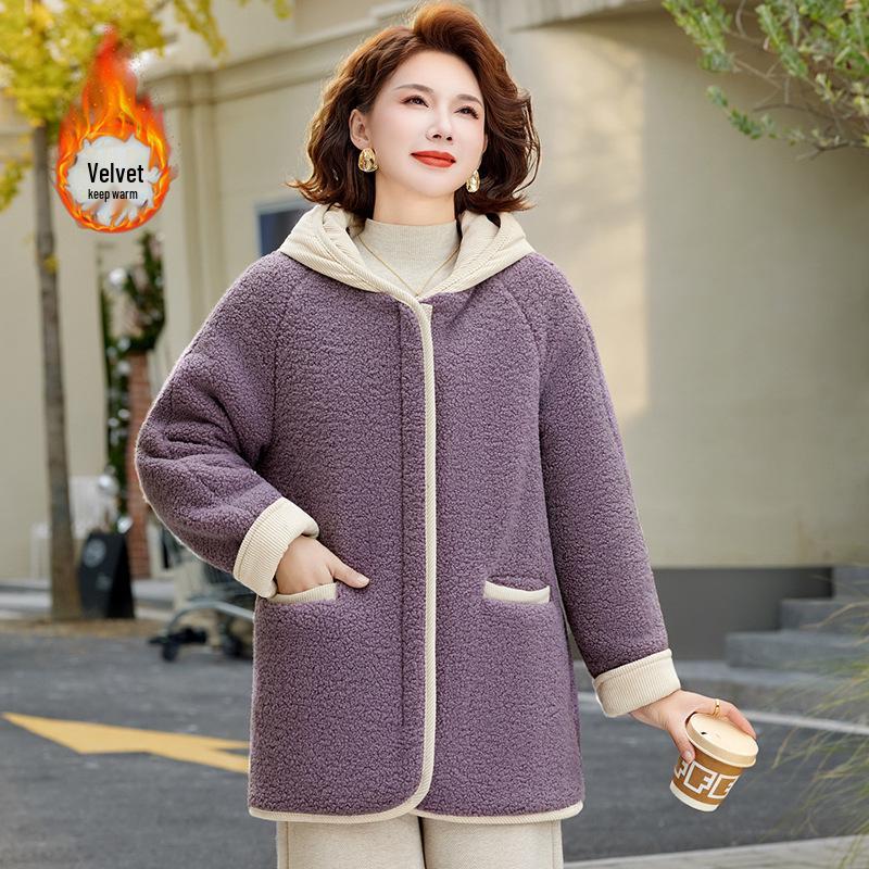Women's Hooded Lamb Wool Cotton Jacket - Velvet, Thick, Casual Winter Coat for Middle-Aged & Elderly Moms