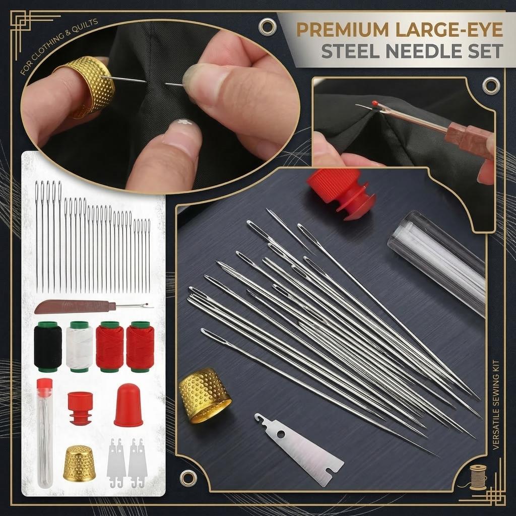 37 PCS Big Eye Steel Sewing Needles Kit, Steels Needle For Hand Sewing With Thimble, Threader, Thread Rippers For Beginner And Clothing