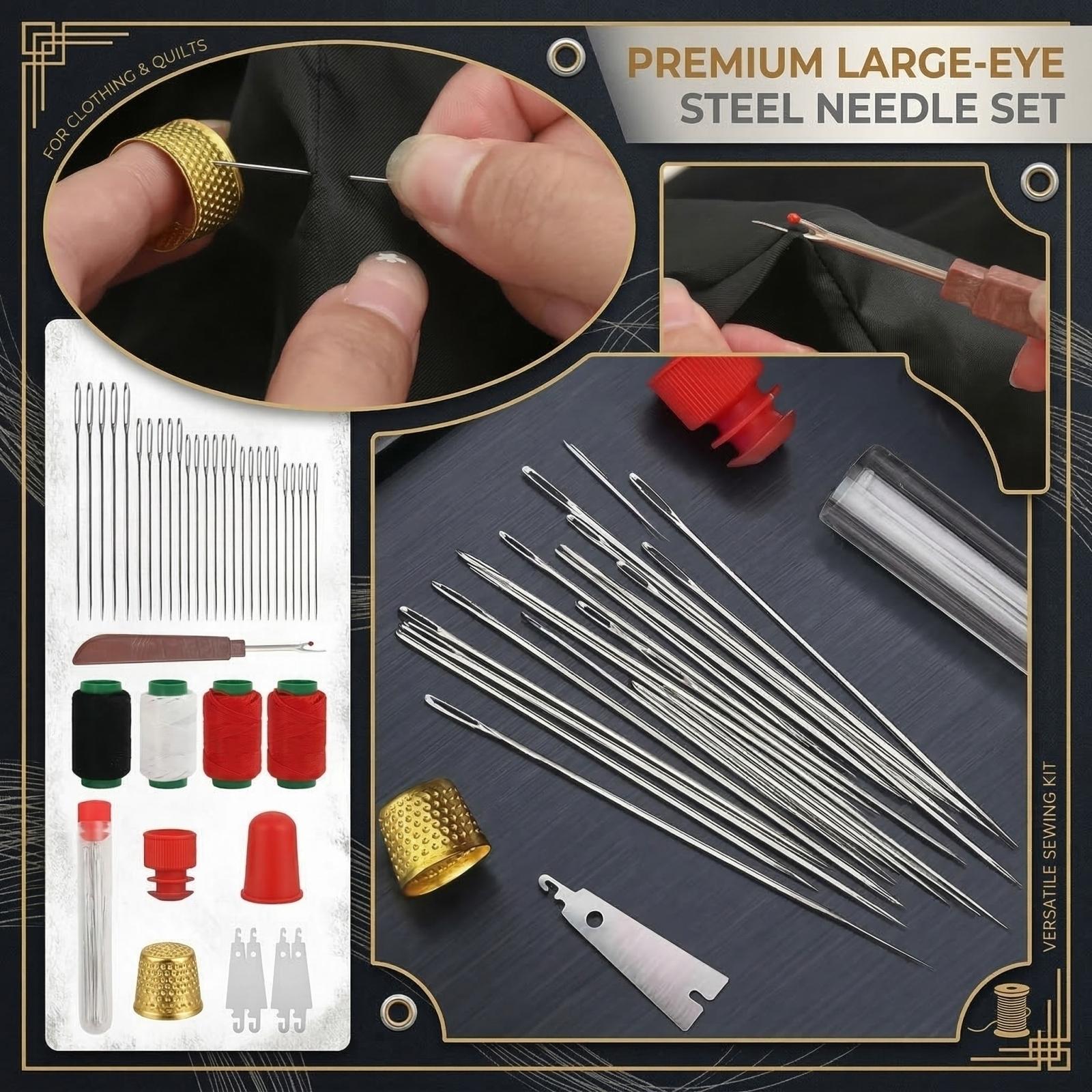 

37 PCS Big Eye Steel Sewing Needles Kit, Steels Needle For Hand Sewing With Thimble, Threader, Thread Rippers For Beginner And Clothing One Size срібний
