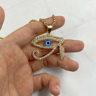Pendentif Œil d'Horus Bleu Couleur Or avec Zircon Bijoux Hommes Femmes Hip Hop Acier Inoxydable Chaîne de Collier Pendentif Couleur Or