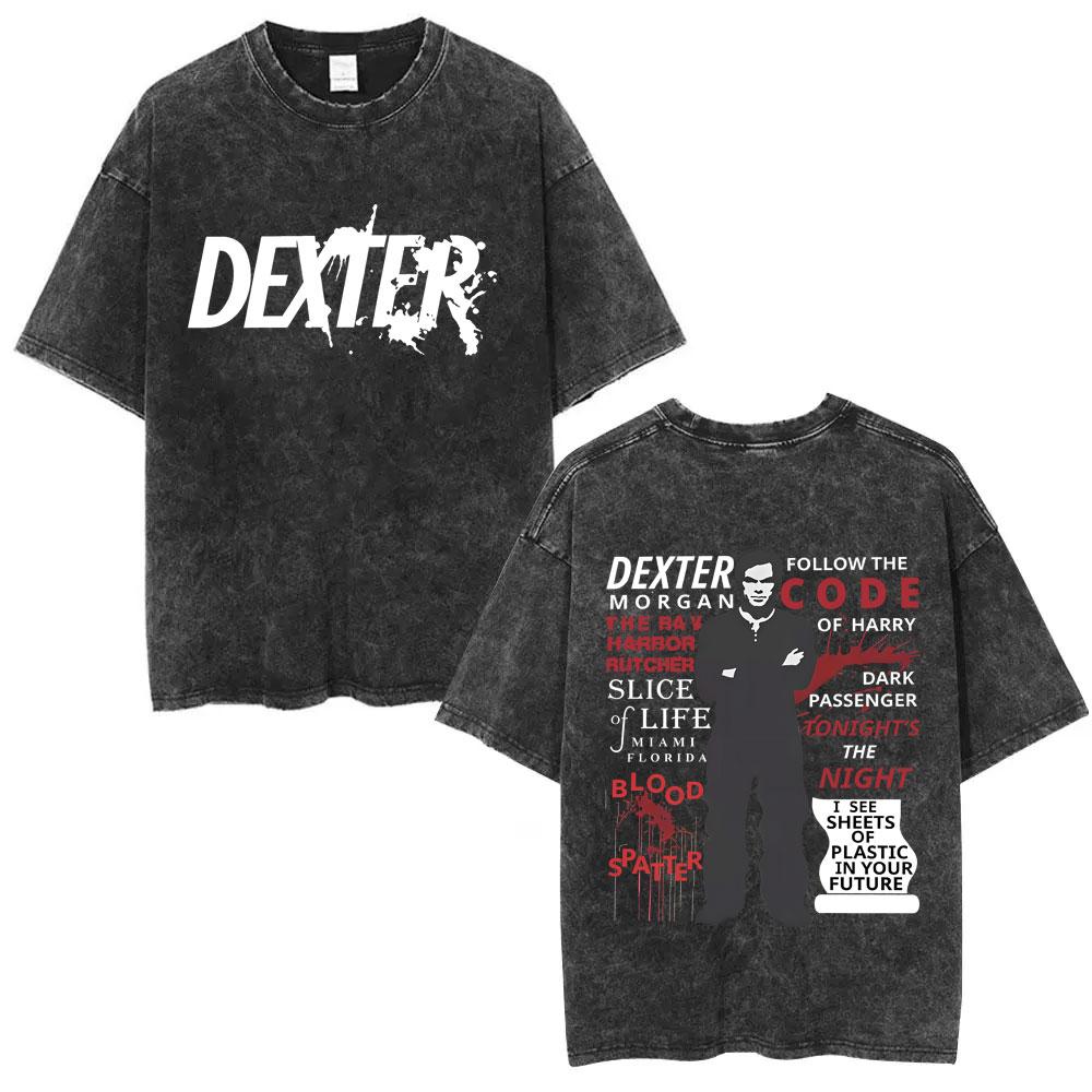 Washed Vintage TV Play Dexter Morgan Face Graphic Tshirt Men Women Casual Cotton Oversized T Shirt Male Classic Gothic Tshirts