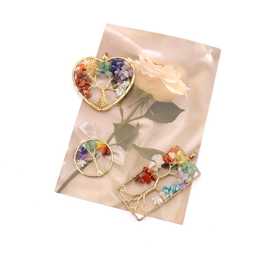 Rainbow Life Tree Pendant Necklace with Natural Crystal Crushed Stone Wire-Wrapped Design, N739.