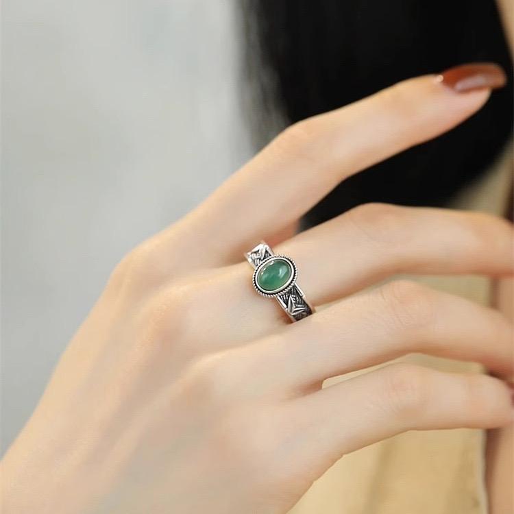 925 Silver Rings for Women Couple Minimalist Handmade Simple Green Stone Ring Fine Jewelry Gift Prevent Allergy