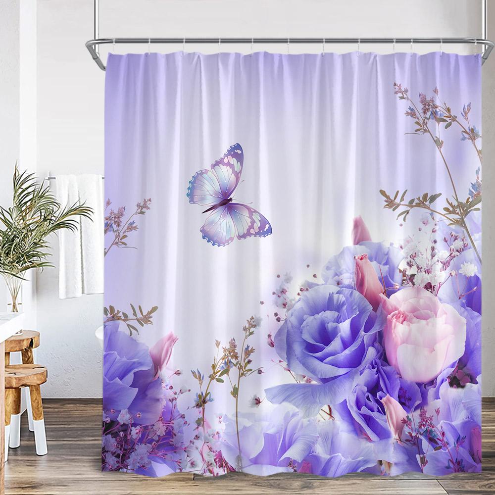 Colorful Butterflies Floral Shower Curtain Flowers Plants Blooming Blossom Bathroom Decorations Polyester Bath Curtain With Hook
