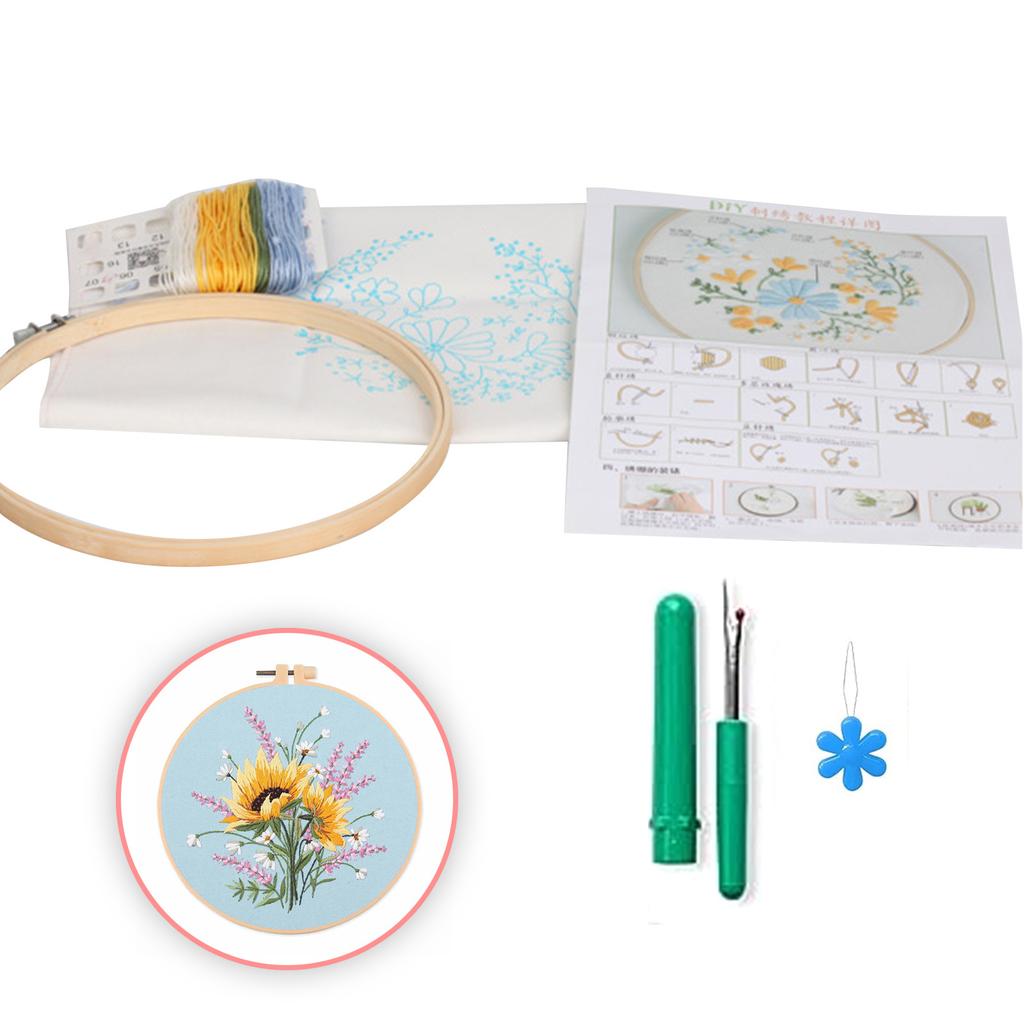 Embroidery Starter Kits with Pattern and Instructions Cross Stitches Set Flower Plant Stamped Embroidery Hoop Needlework