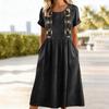 Women’s Short Sleeve Embroidered Midi Dress with Pockets Relaxed Fit Crew Neck Casual Summer Dress for Everyday Wear