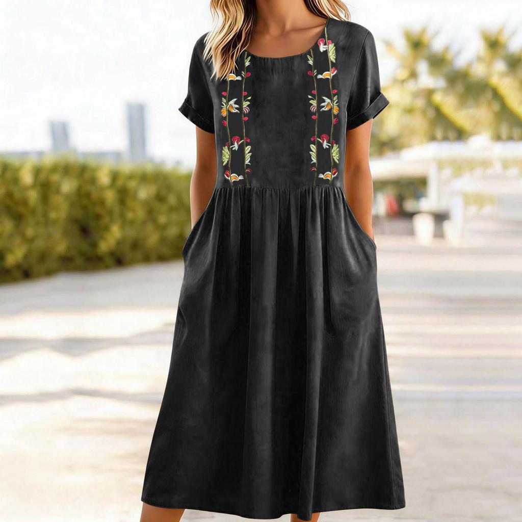 Women’s Short Sleeve Embroidered Midi Dress with Pockets Relaxed Fit Crew Neck Casual Summer Dress for Everyday Wear