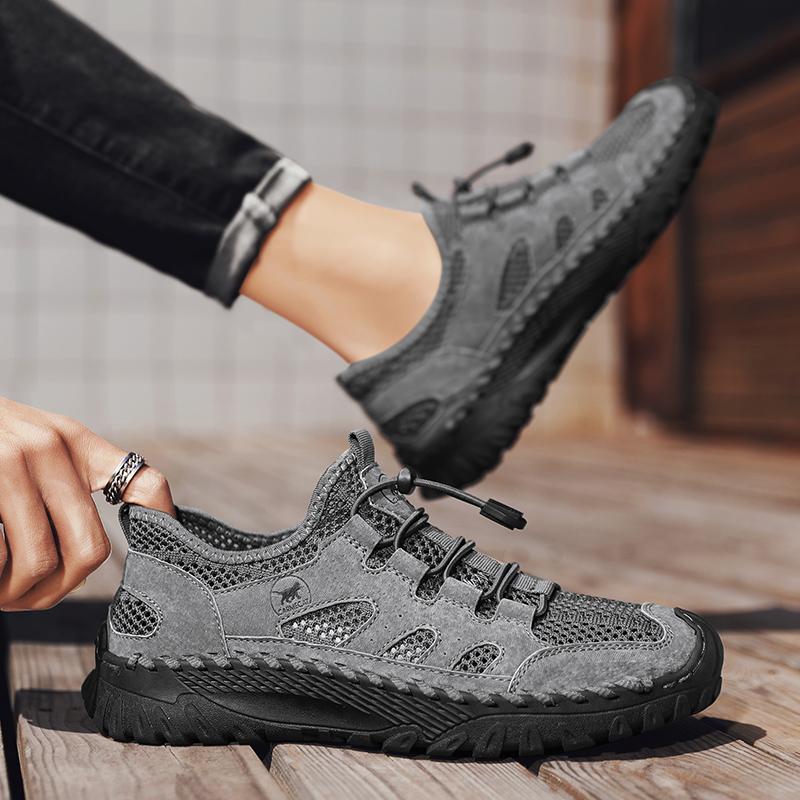 Fashion Handmade Genuine Leather Summer Mesh Shoes Large Size 47 Casual Stylish Mens Non-Slip Comfortable Hiking Shoes Sandals For Men