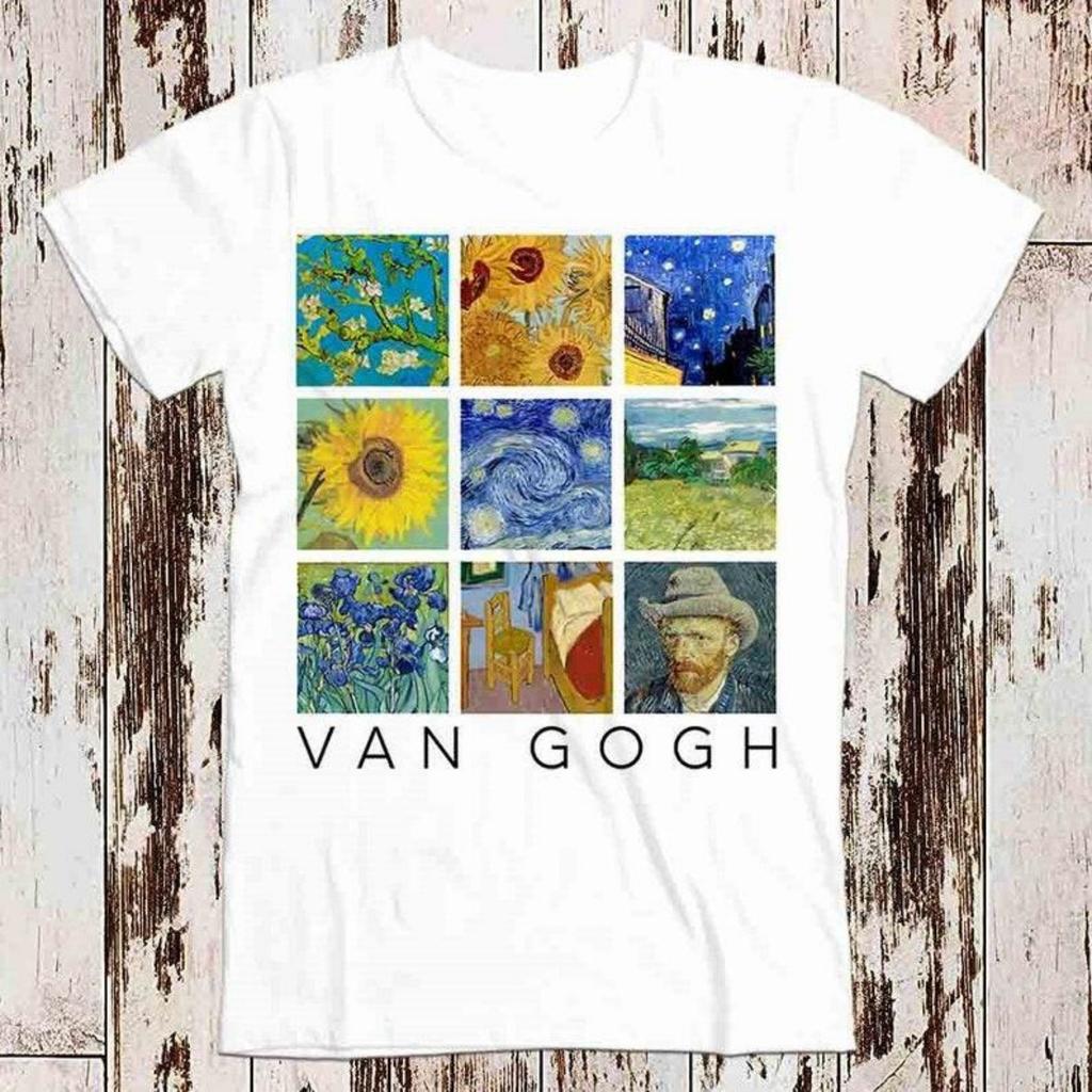 230 Gsm 100% Bawełna Kolaż Obrazów Van Gogha z Gwieździstą Nocą i Słonecznikami Limitowana Edycja Styl Design Top Art Retro T-shirt Bestseller T-shirt 8999