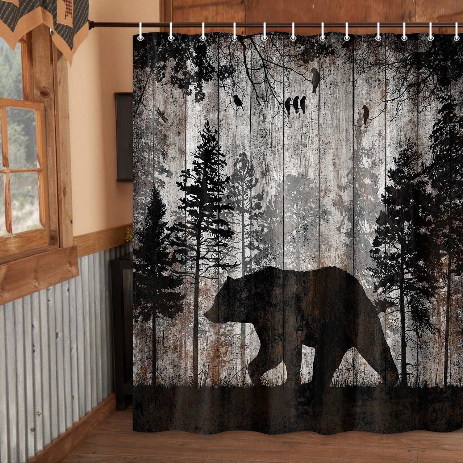 Creek Shower Curtain with Bear, Rustic Nature Landscape Woodland Wildlife Bath Curtain Country Forest Natural Scenery Outdoors 90x180CM