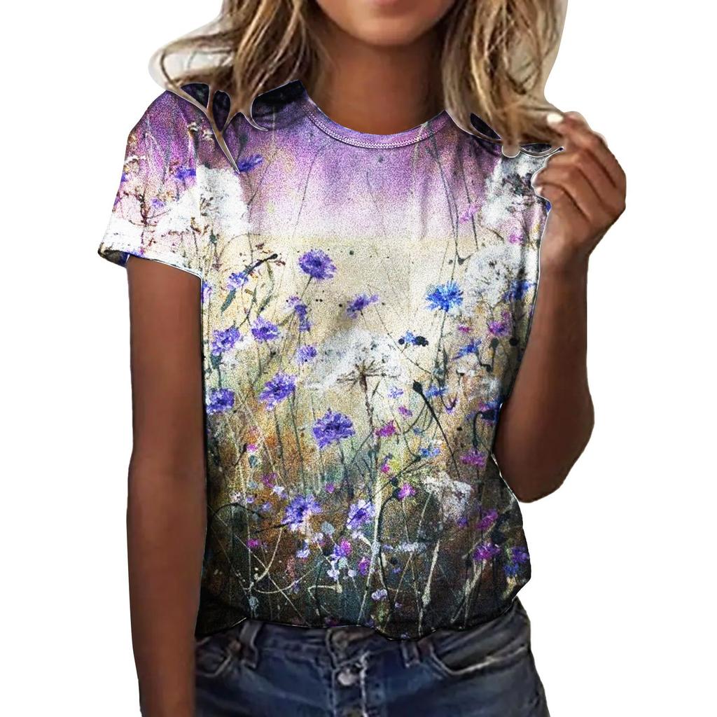 Summer Round Neck 3D Love Flower Print Top Fashionable Casual Short Sleeved Women's T-shirts