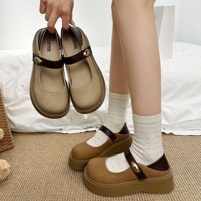 Mary Jane Love Thick Heel Small Leather Shoes Women's 2025 Spring New British Style Retro Platform French Round Head Single Shoes