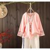 Women's Embroidered Loose Cotton Linen Blouse Cardigan - Tie-Up Spring/Summer Top