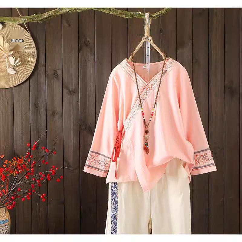 Women's Embroidered Loose Cotton Linen Blouse Cardigan - Tie-Up Spring/Summer Top