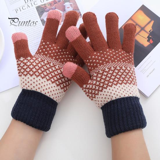 Winter Gloves 1 Pair Thickened Warm Full Fingers Touch Screen Ribbed Cuffs Women Striped Splicing Double Layer Fleece Lining Knitting for Cold Weather