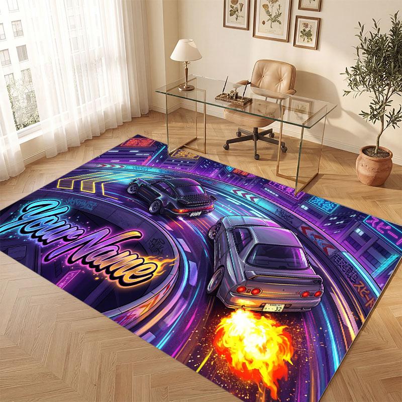 City Cyberpunk Theme Crystal Velvet Floor Rug Personalized Custom Name Text Warm Carpet Home Decoration