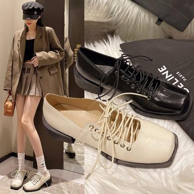 Lace-up Small Leather Shoes Women's British College Style Square Head Single Shoes Niche Design Retro Pig Nose Thick Heel Ballet Single Shoes