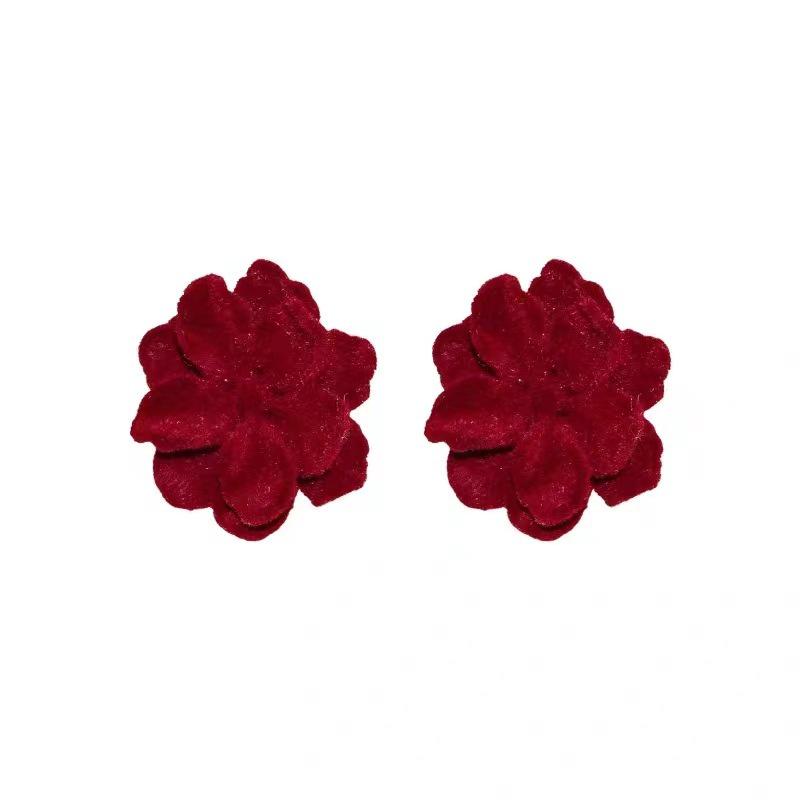 Elegant Red Velvet Flower Stud Earrings - High-End Autumn/Winter Ear Accessories for Women
