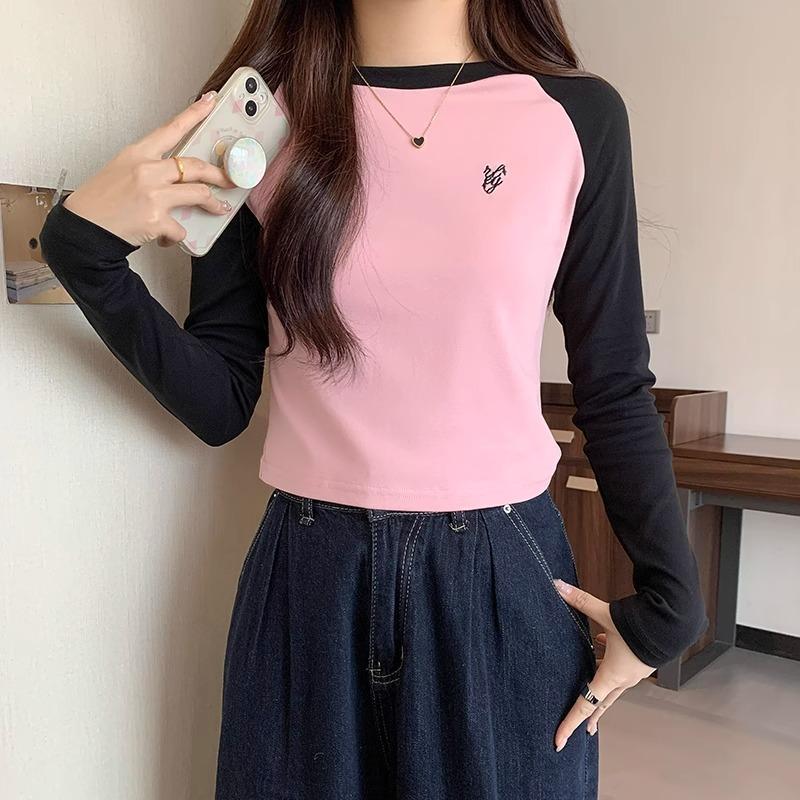 Color Matching Inner Style Slim-fitting Long-sleeved T-shirt for Women Early Spring New Style Right Shoulder Round Neck Design Top Base