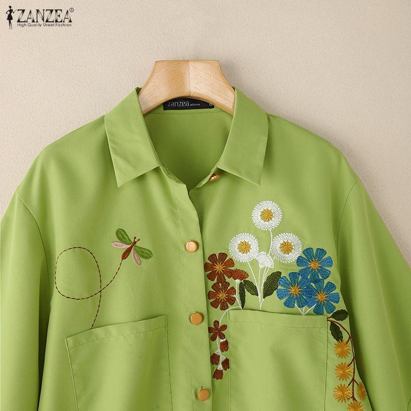 ZANZEA Women Casual Turn Down Collar Loose 3/4 Sleeve Floral Blouse