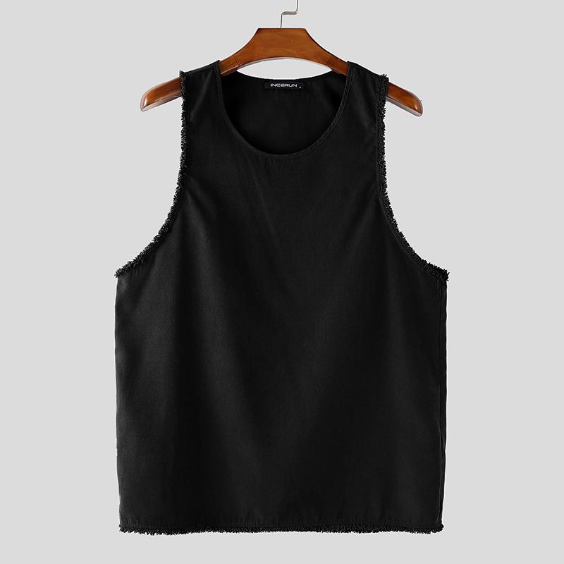 

INCERUN Men Round Neck Sleeveless Tassel Hem Casual Loose Tank Tops чёрный