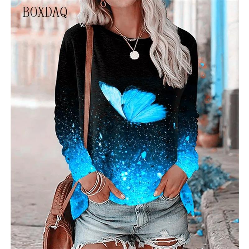 Butterfly Pattern Women Street Hip Hop T-Shirts Long Sleeve Spring Autumn 3d Tie-dye Print Fashion Ladies Tees 6XL Big Size Tops