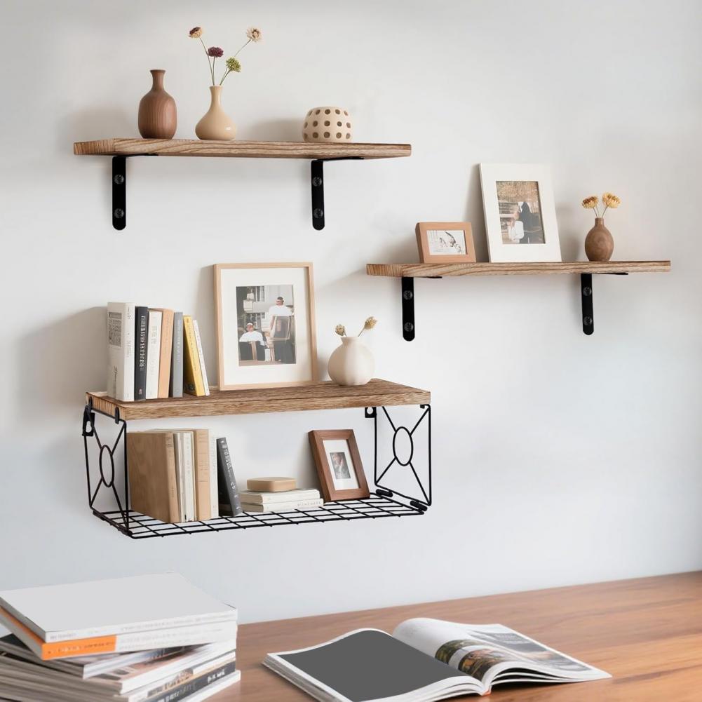 Wall Mounted Shelf Rustic Wooden Bathroom Wall Shelf with Metal Basket Over Toilet Floating Storage Organizer Rack for Home