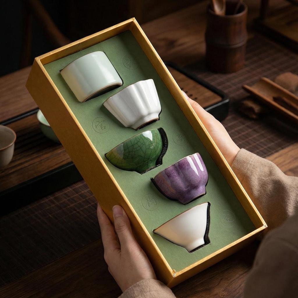 Song Dynasty Charm: Elegant Ceramic Tea Cup Set Gift Box - Ideal Birthday Souvenir