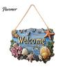 Patio Welcome Plaque Summer Coastal Wooden Wreath, Ocean Sign, Starfish Shell Nautical Hanging Sign Front Door Hanger for Porch, Indoor, Outdoor, Wall