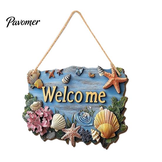 Patio Welcome Plaque Summer Coastal Wooden Wreath, Ocean Sign, Starfish Shell Nautical Hanging Sign Front Door Hanger for Porch, Indoor, Outdoor, Wall
