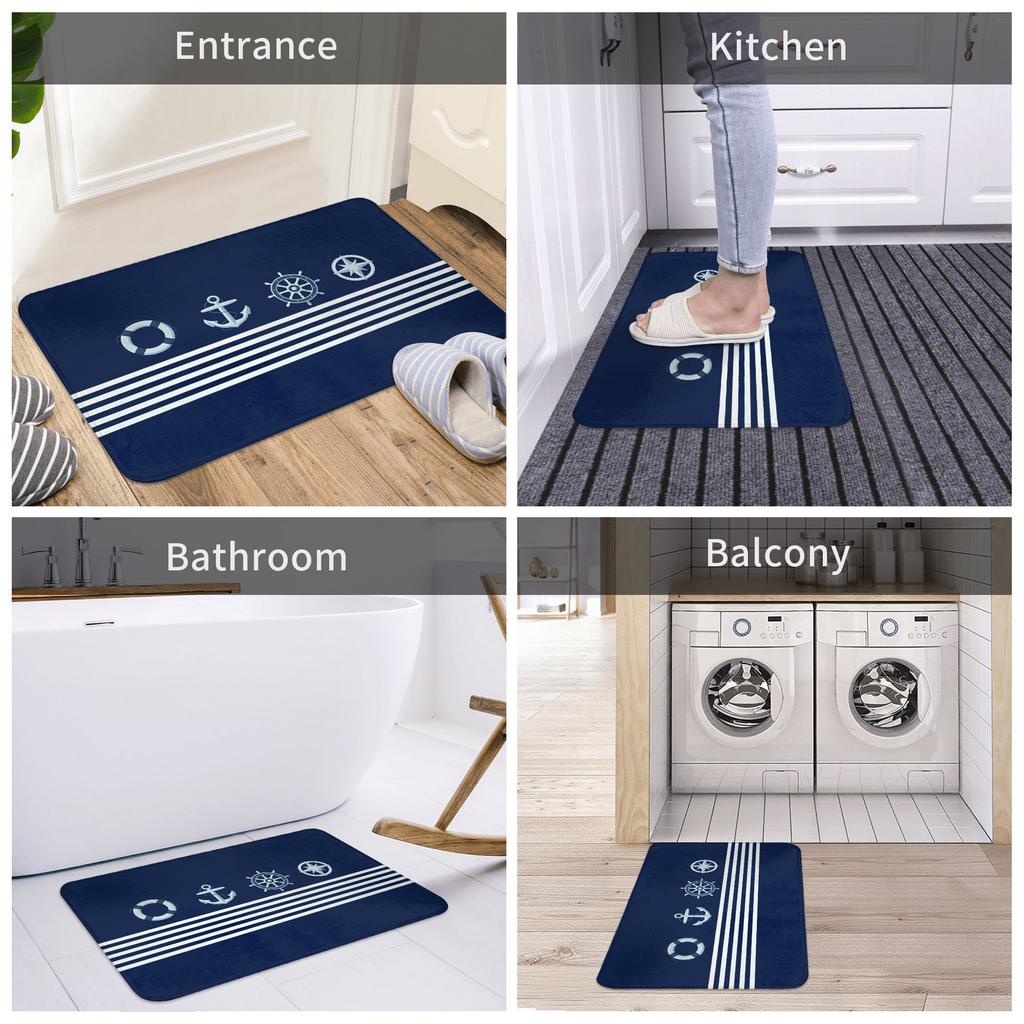 Zerbino Nautico Blu Navy con Ancora Salvagente Strisce Stampate Poliestere Lavabile in Lavatrice Solo Acqua Fredda 80x50cm
