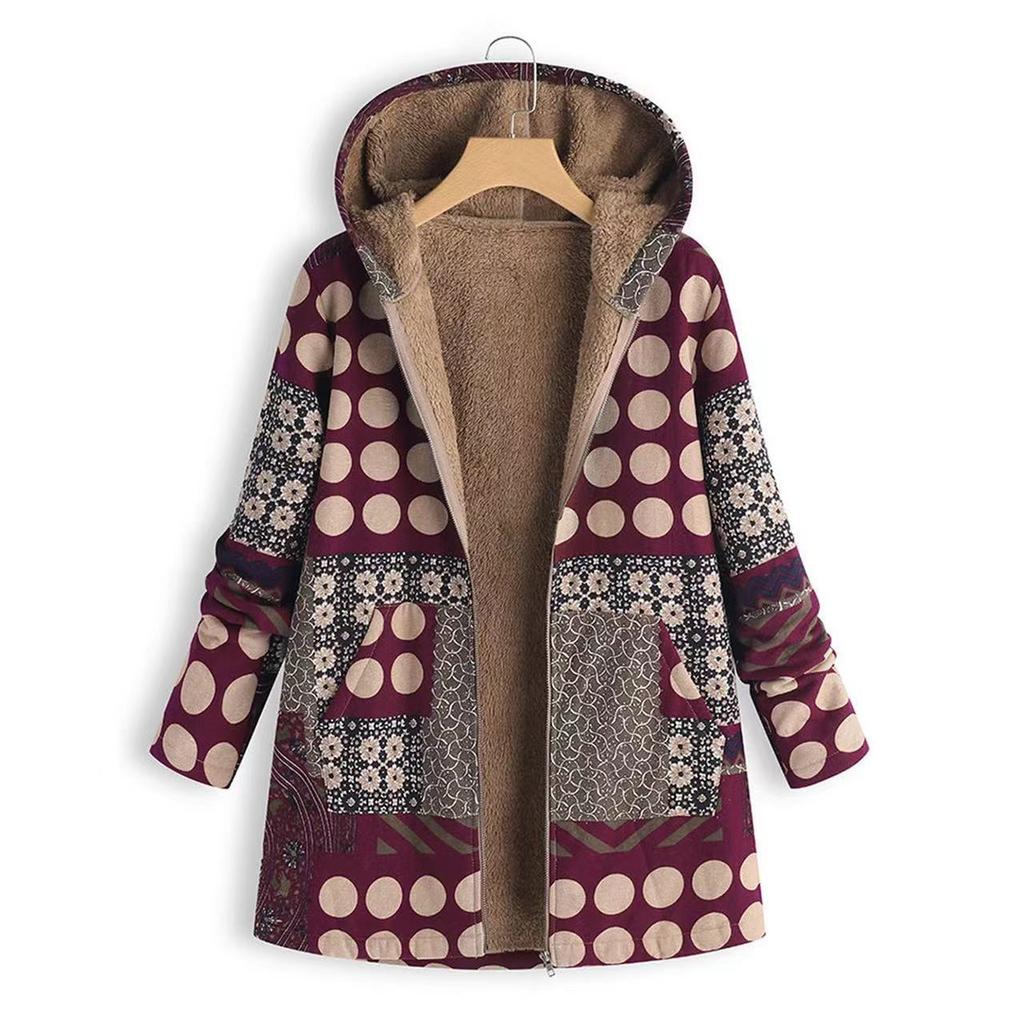 Europäische und amerikanische Damen Freizeitjacke mit Druck, Karomuster, aus Baumwolle und Leinen, Plüsch, mit Kapuze und Reißverschluss