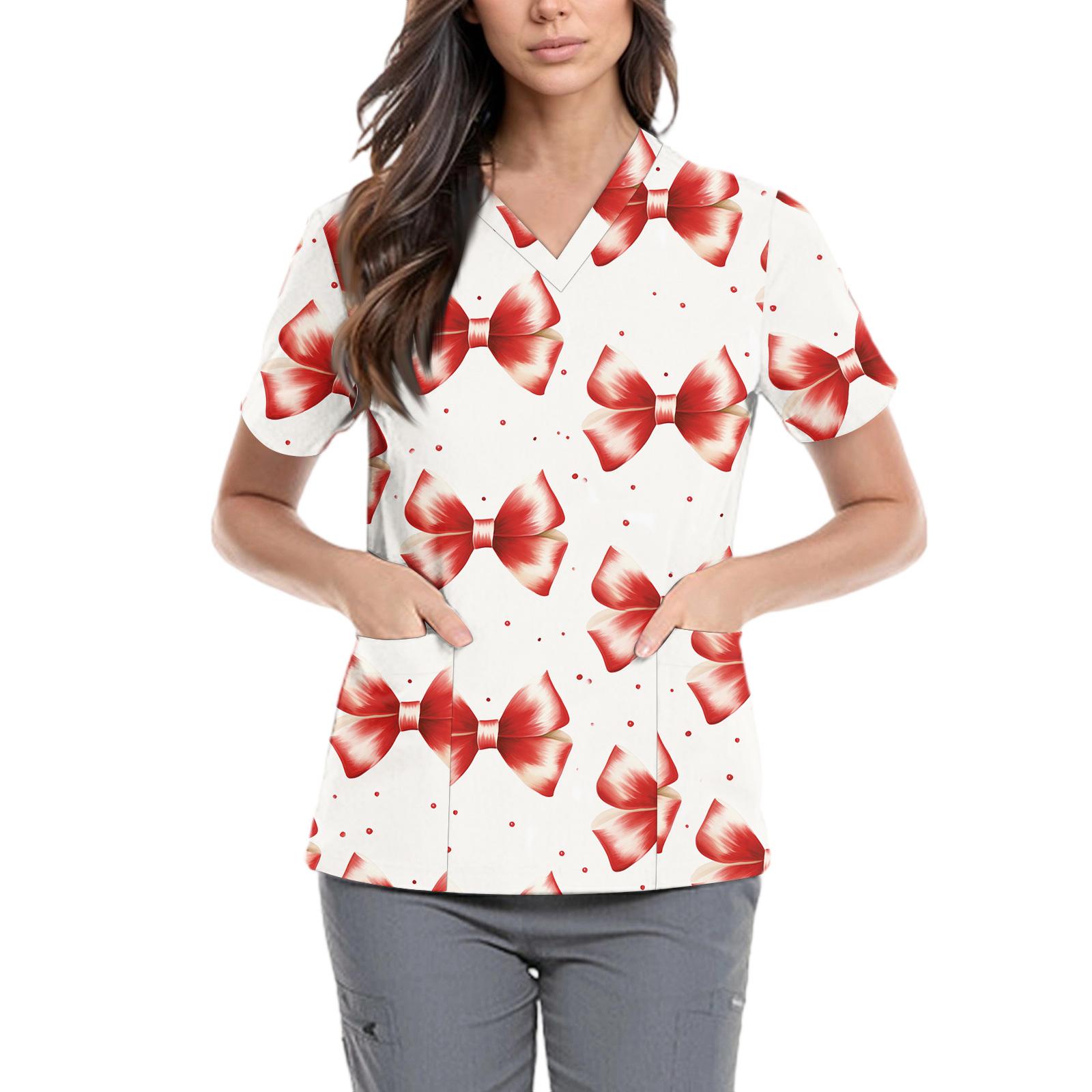 

Women s Cute Bow Printed Work Clothes V-neck Double Layer Pockets Basic Short Sleeve Top Pullover S