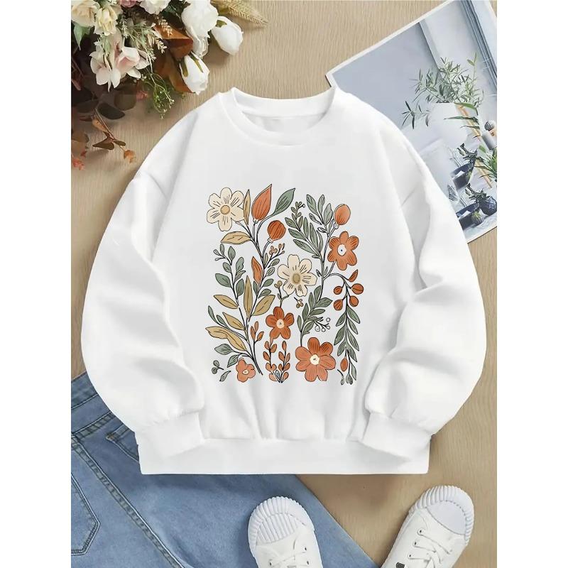 Girls' Crewneck Sweatshirt - Floral Pattern with Warm Tones And Machine Washable, Spring And Autumn, Sportswear And Casual Wear, Soft And Comfortable