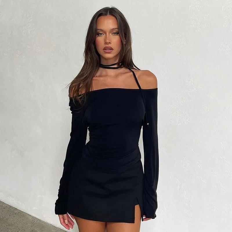 2KWEIRD Y2K Off Shoulder Long Sleeve Crop Top Women Sexy Slim Vintage Pink T Shirts Casual Outfits Streetwear Club