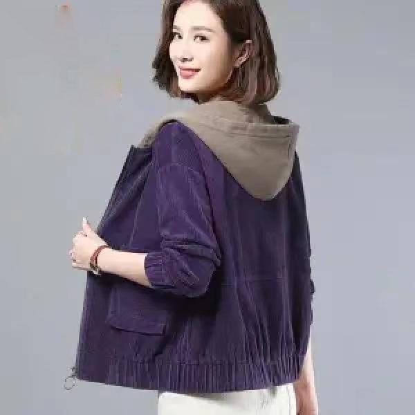Women's Corduroy Jacket Spring Autumn Loose Mom Korean Version Hooded Short Thin Coat Large Size Casual Style