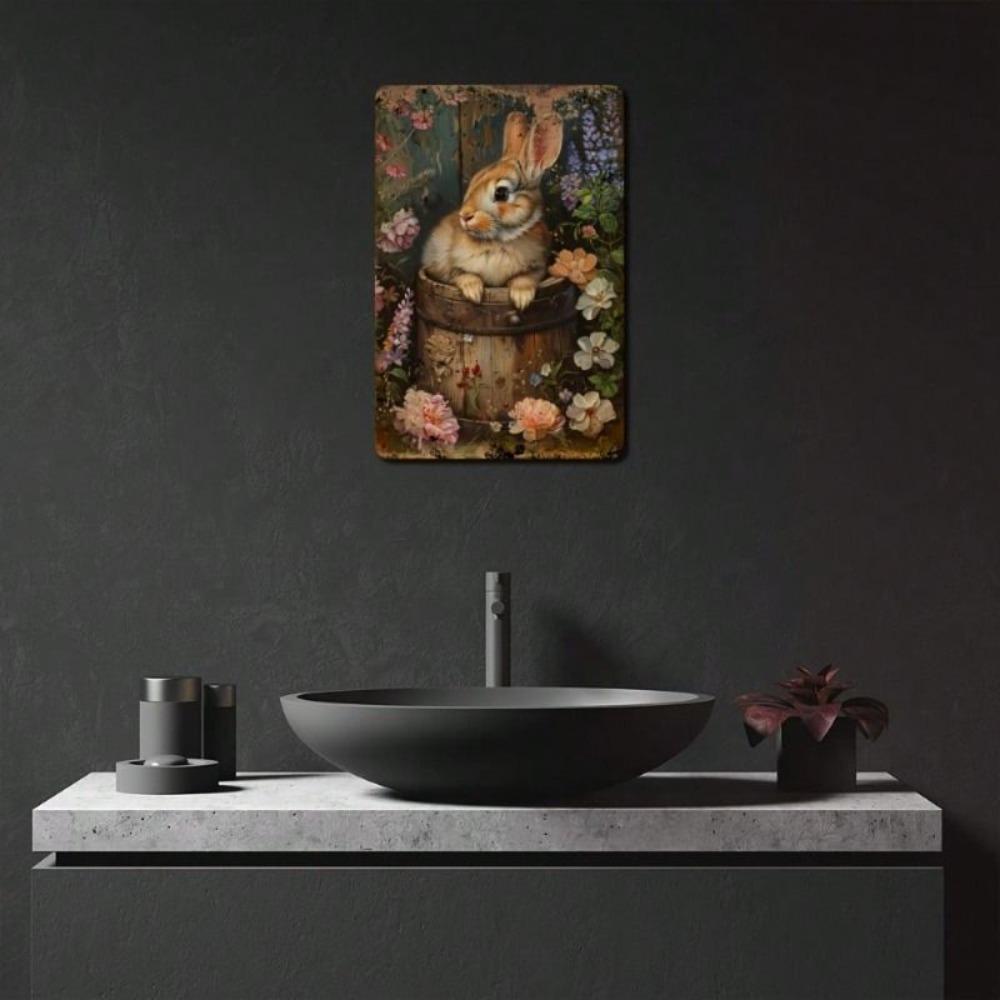 Vintage Metal Tin Sign Rabbit Flower Basket Wall Decor 8x12 Inch Home Bar Cafe