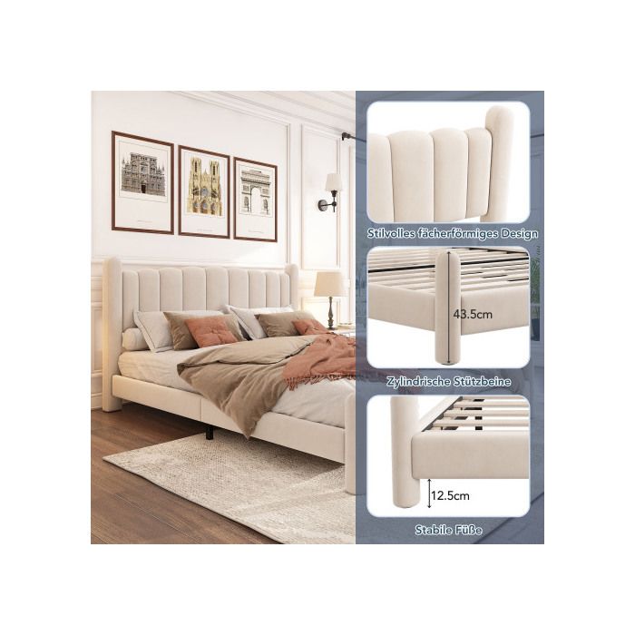 Lit capitonné - 160x200 cm - Velours beige - Tête de lit élégante - Sommier à lattes inclus