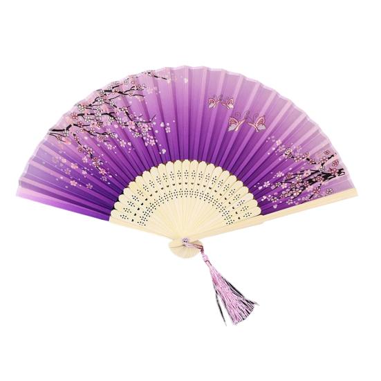 Folding Fan Anti-deform Chinese Style Bamboo Tassel Flower Printed Handheld Fan for Home