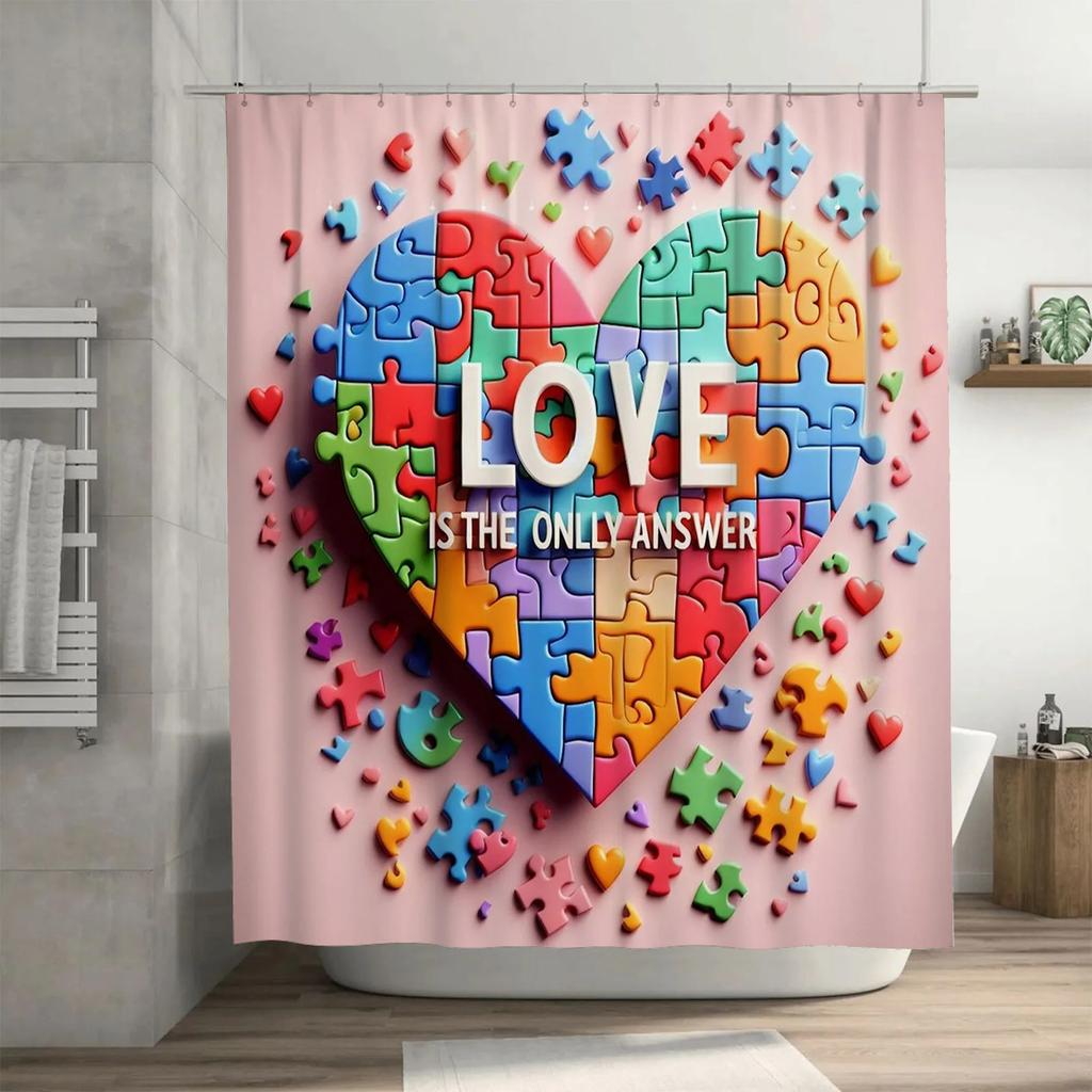 Love is the Answer Autism Puzzle Heart Art Shower Curtain - Waterproof Design for Stylish, Unique & Supportive Bathroom Decor