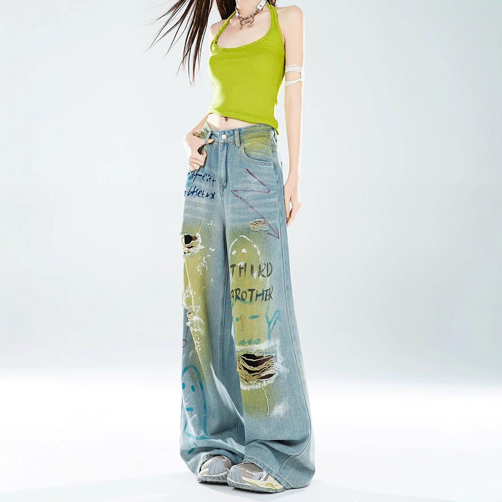 Dopamine graffiti ripped jeans women's summer new American retro loose wide-leg drape pants