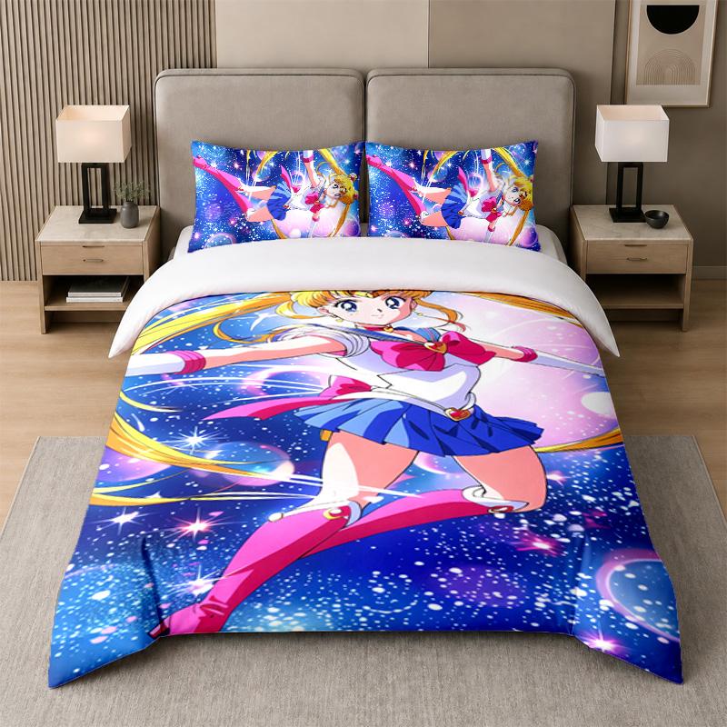 3Pcs Bed Set,Sailor Moon 1 Duvet Cover and 2 Pillowcases, Printed Bedding Decor For Guest Room