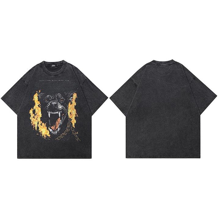 

Hip Hop Washed Black TShirt Streetwear Wild Animal Graphic T Shirt Fire Flame Dog Men Tshirt Cotton Unisex Tops Tees Dope S
