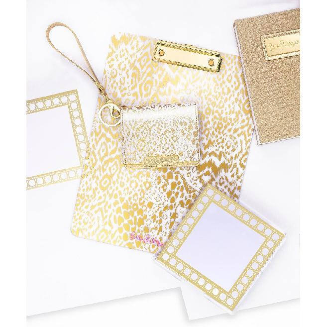 Lilly Pulitzer Notepad Holder with 200 Blank Sheets, Cute Memo Pad with Tray, Acrylic Desk Accessories for Home or Office, Gold Caning